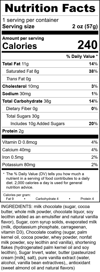 Vanilla Caramel, Milk Chocolate Hanger Bar RecipeFormula Nutrition Labels