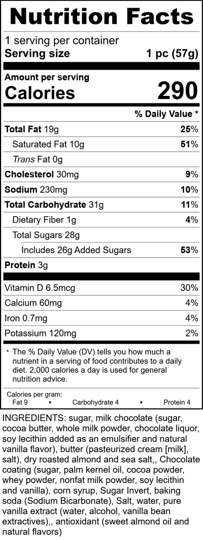 English Almond Toffee, Milk Chocolate Hanger Bar RecipeFormula Nutrition Labels