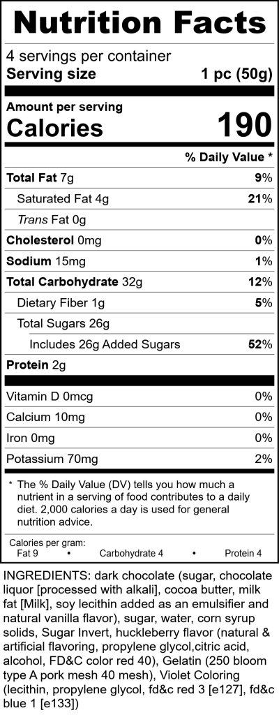 7Oz Dark Chocolate Huckleberry Dips RecipeFormula Nutrition Labels