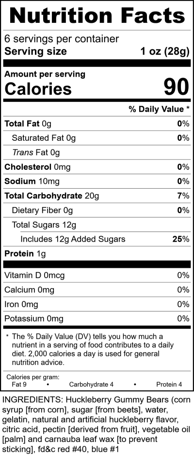 6Oz Huckleberry Gummy Bears RecipeFormula Nutrition Labels