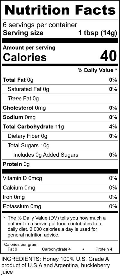 8Oz Huckleberry Honey RecipeFormula Nutrition Labels