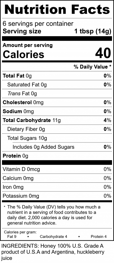 8Oz Huckleberry Honey RecipeFormula Nutrition Labels
