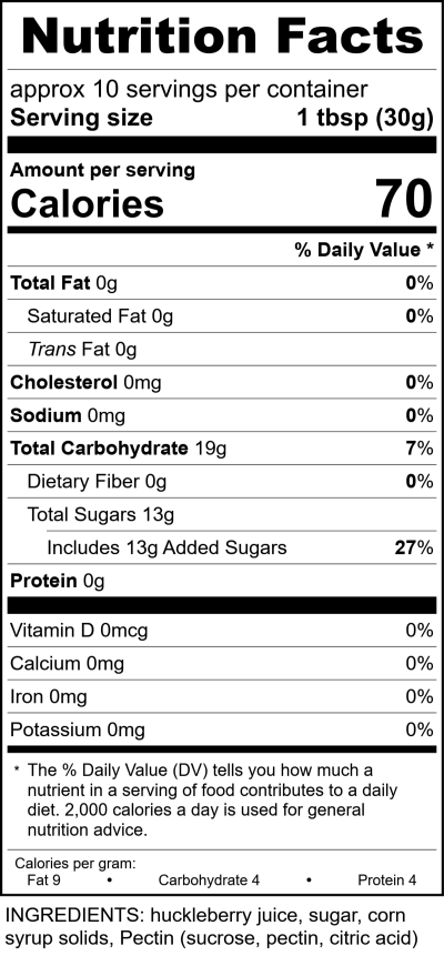 Hh507 - 10Oz Huckleberry Syrup RecipeFormula Nutrition Labels