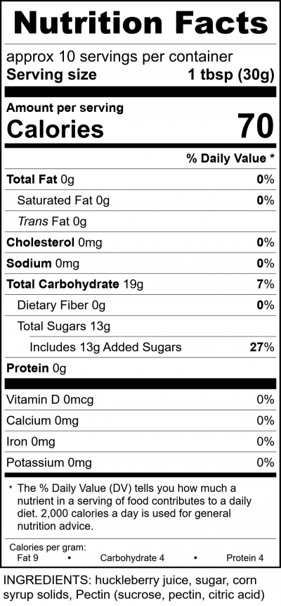 Hh507 - 10Oz Huckleberry Syrup RecipeFormula Nutrition Labels