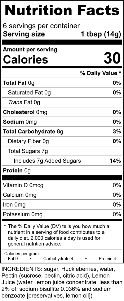 Hh509 - 8Oz Huckleberry Jam RecipeFormula Nutrition Labels