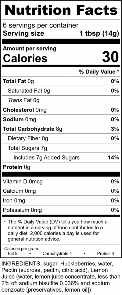 Hh509 - 8Oz Huckleberry Jam RecipeFormula Nutrition Labels