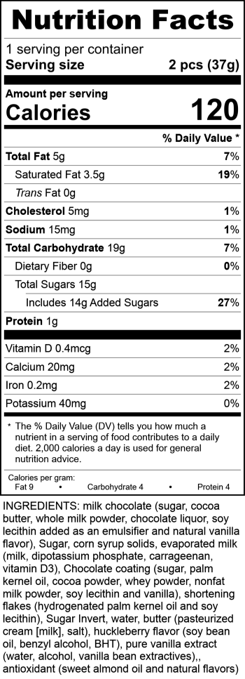 Riley Duo Milk Chocolate Huckleberry Caramel Nutrition Labels