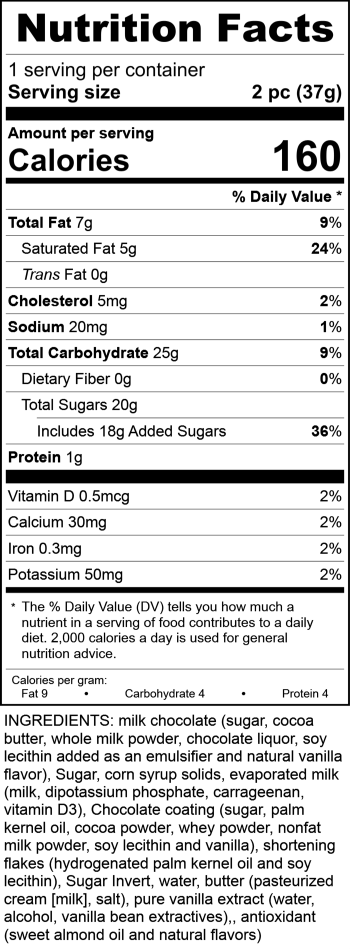 Riley Duo Milk Chocolate Vanilla Caramels Nutrition Labels
