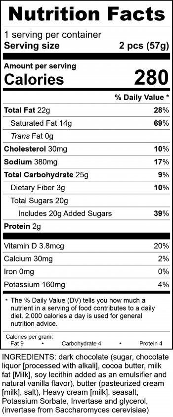 Riley Duo Bittersweet Cream With Sea Salt Mini Truffle Nutrition Labels