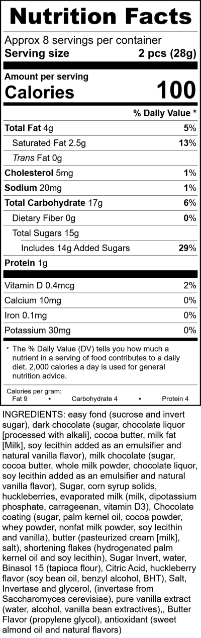W2613h - 15Pc Huckleberry Caramels And Creams RecipeFormula Nutrition Labels