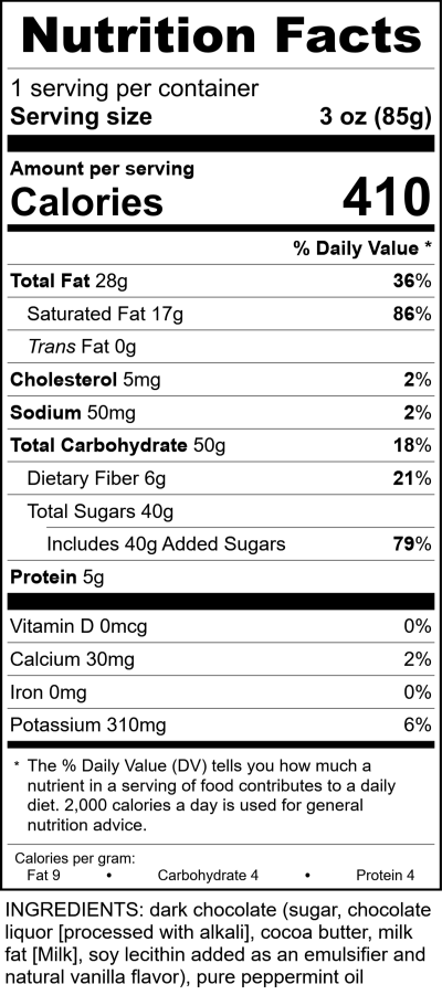 W3011 - 3Oz Dark Mint Chocolate Candy Bar RecipeFormula Nutrition Labels