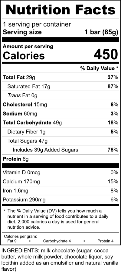 Milk Chocolate Bar 3Oz New RecipeFormula Nutrition Labels