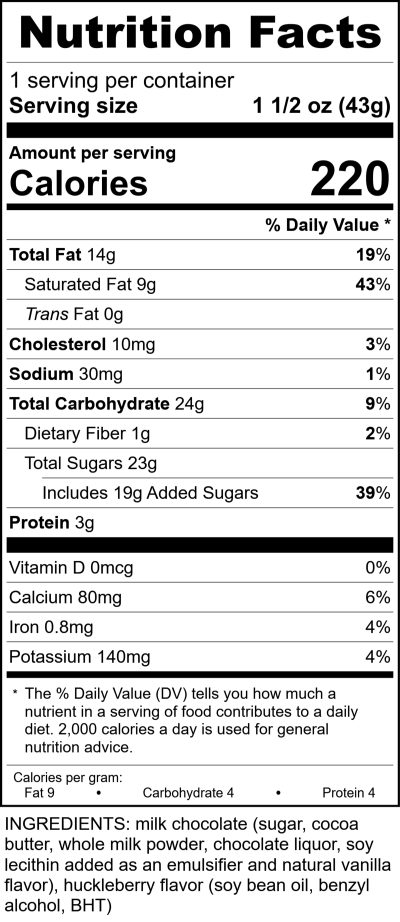 3Oz Huckleberry Chocolate Candy Bar RecipeFormula Nutrition Labels