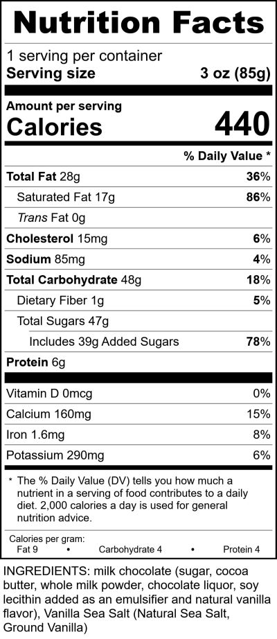 W3028 - 3Oz Milk Chocolate Madagascar Vanilla Sea Salt Candy Bar RecipeFormula Nutrition Labels