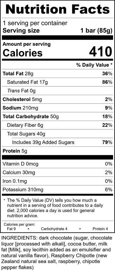 W3029 - 3Oz Raspberry Chipotle Sea Salt Bar RecipeFormula Nutrition Labels
