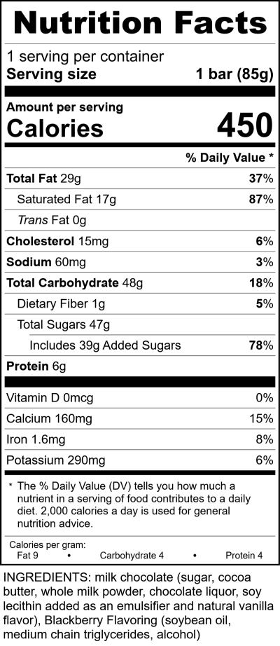 W3151 - 3Oz Milk Chocolate Marionberry Bar RecipeFormula Nutrition Labels