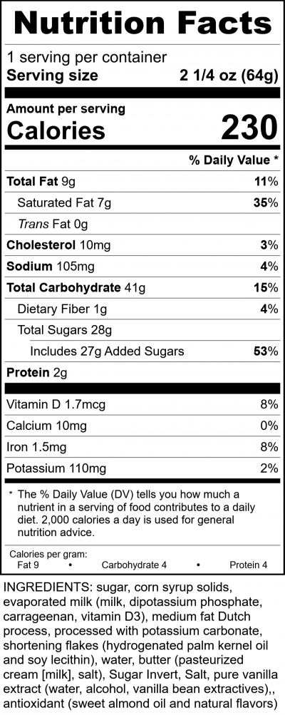 W4001 - Chocolate & Vanilla Caramel Cube RecipeFormula Nutrition Labels